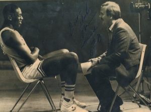 Talking to Wayman at OU media day in 1984.
